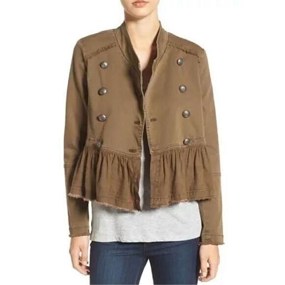 Free People Ruffle Hem Military Jacket Olive Green size S - Picture 1 of 15